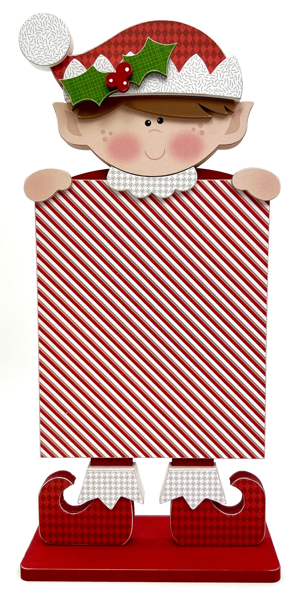 Christmas elf made of wood with red hat, candy cane striped body, and red shoes.