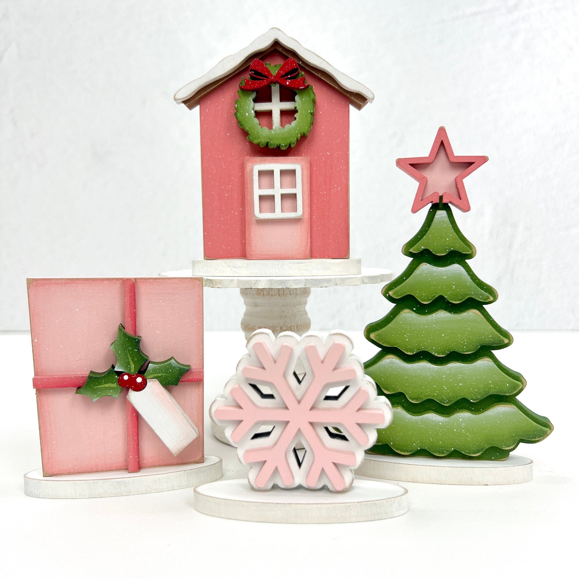 Christmas wood decor shapes; holiday house, snowflake, present, christmas tree