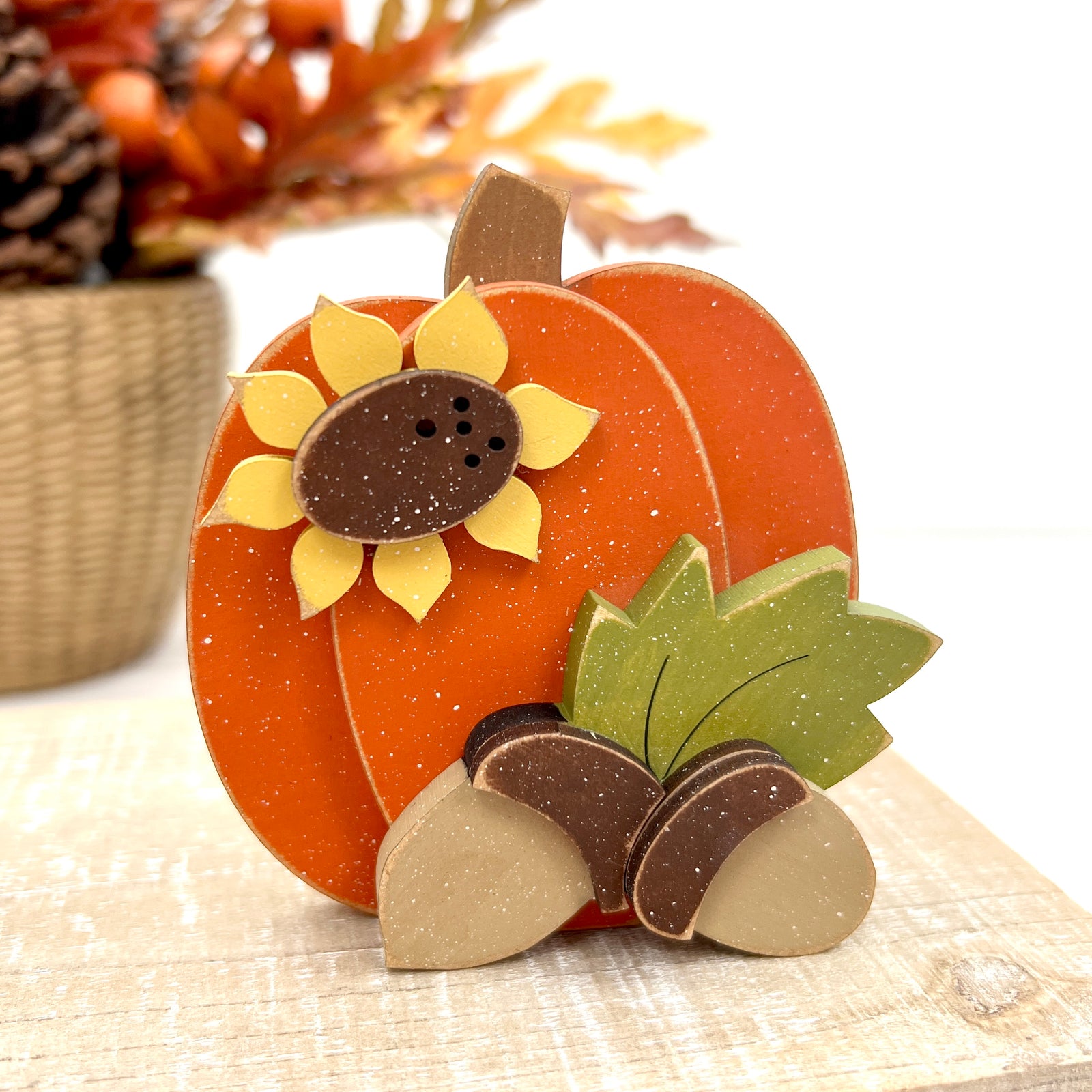 Chunky pumpkin and acorn DIY wood décor kit with layered sunflower and leaves