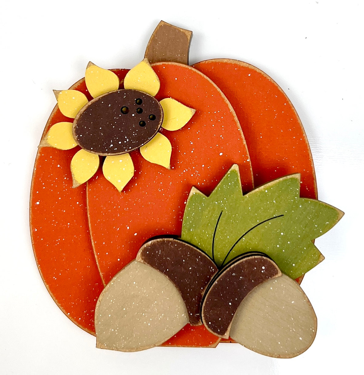 Chunky pumpkin and acorn DIY wood décor kit with layered sunflower and leaves