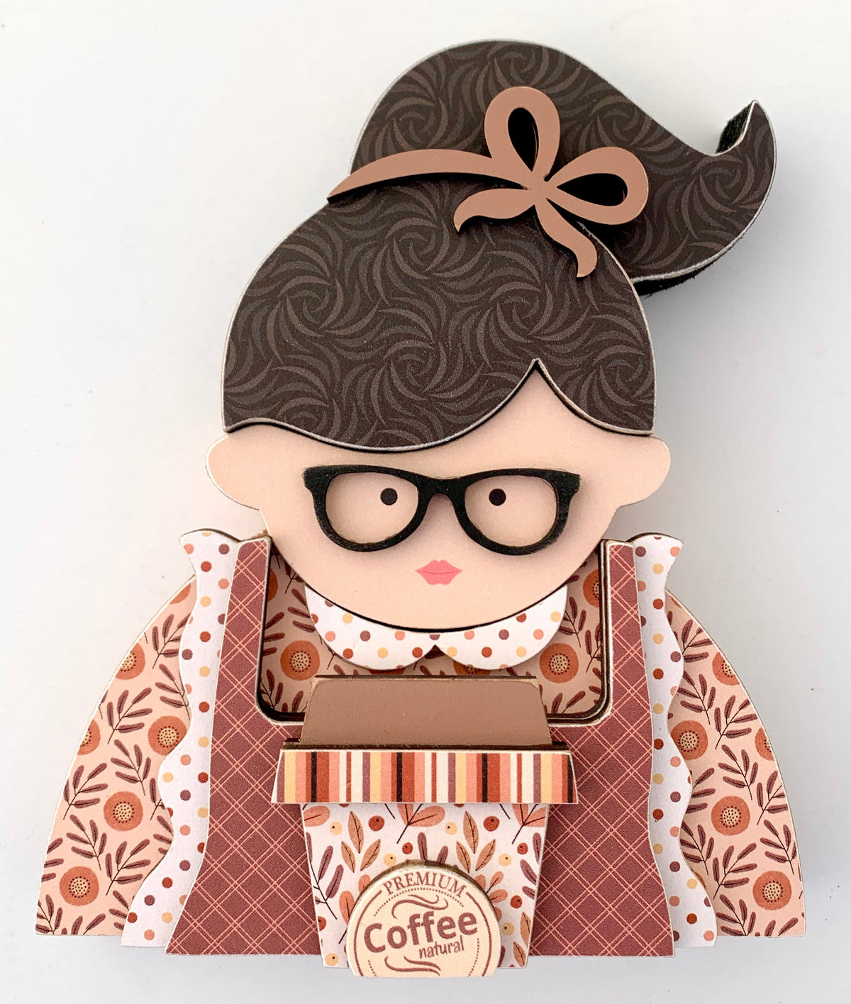 Coffee girl wood decor for decorating wood trays and tiered trays. Coffee barista girl holding a latte coffee cup. Wood decor craft kit. 