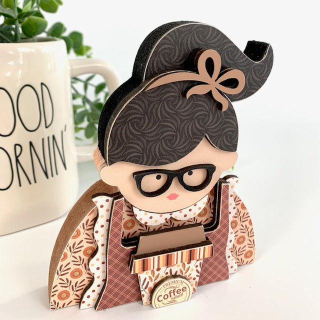 Coffee girl wood decor for decorating wood trays and tiered trays. Coffee barista girl holding a latte coffee cup. Wood decor craft kit. Side view