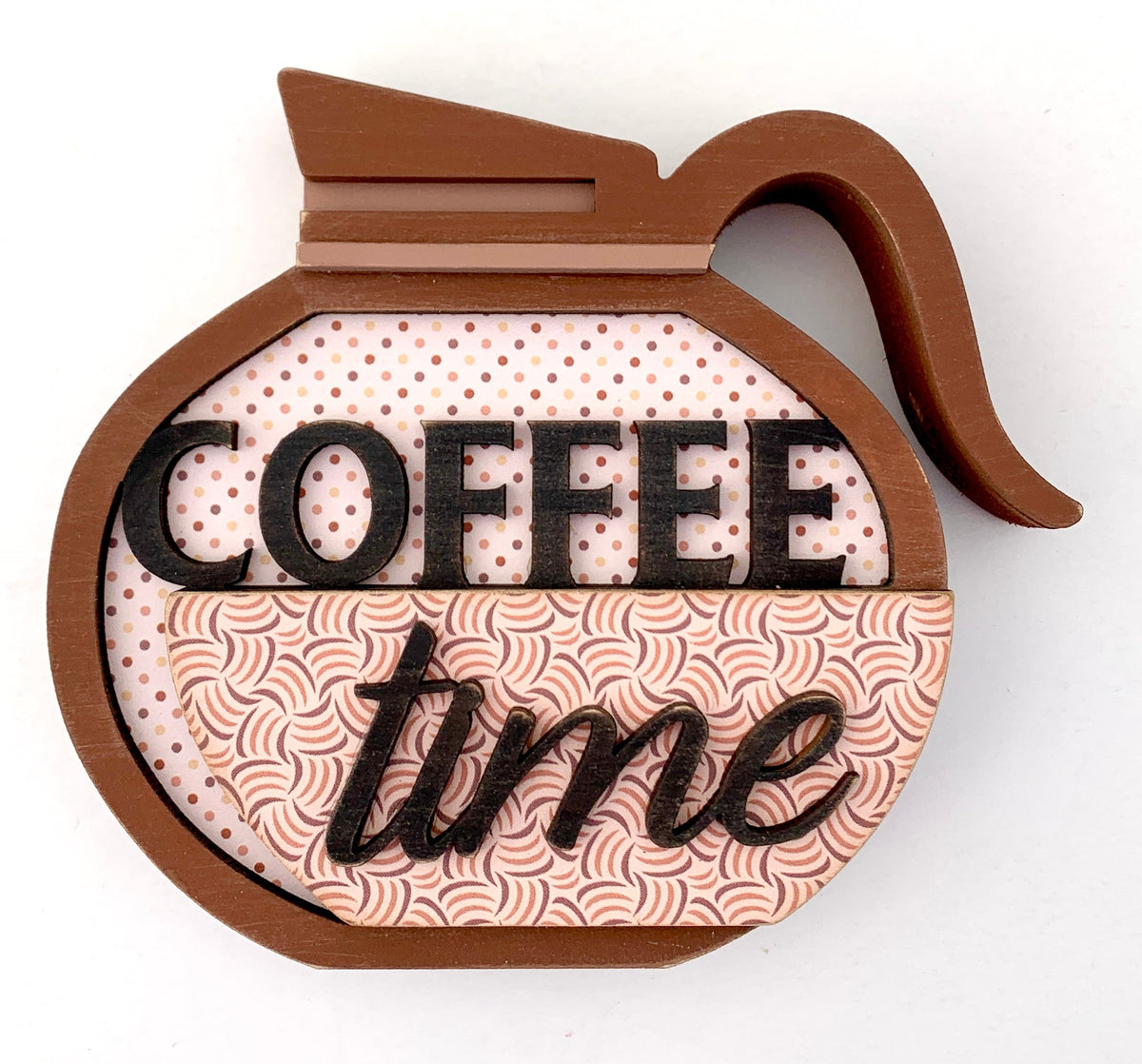 Coffee pot wood decoration with coffee time title. Coffee themed wood craft kit for decorating trays, coffee bars, and tiered trays.