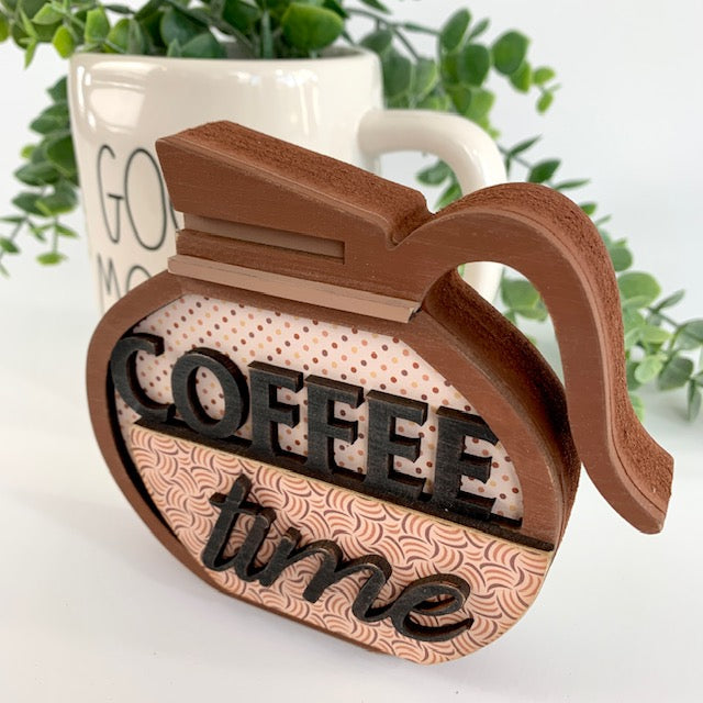 Coffee pot wood decoration with coffee time title. Coffee themed wood craft kit for decorating trays, coffee bars, and tiered trays.  Side view