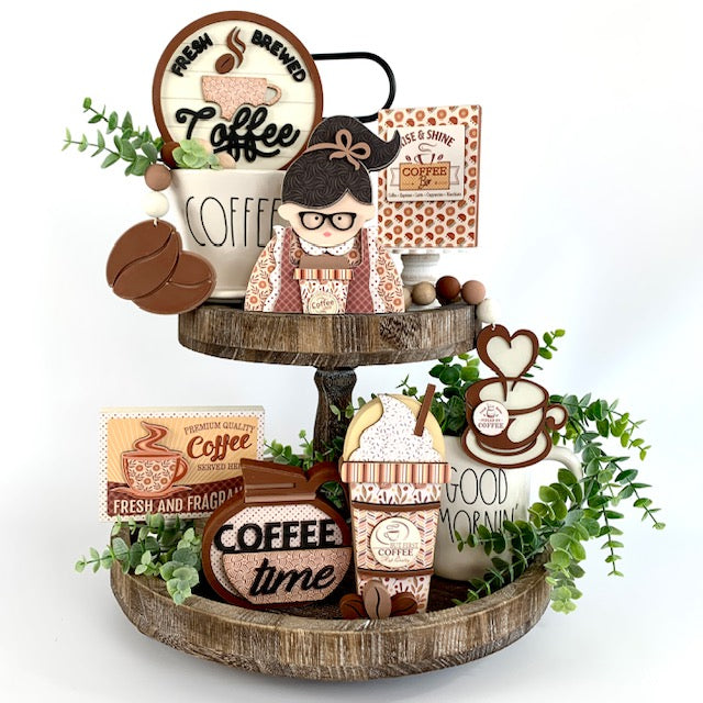 Coffee themed wood beaded garland with coffee beans and coffee cup. Two wood coffee signs for decorating trays, coffee bars, and coffee themed tiered trays. 