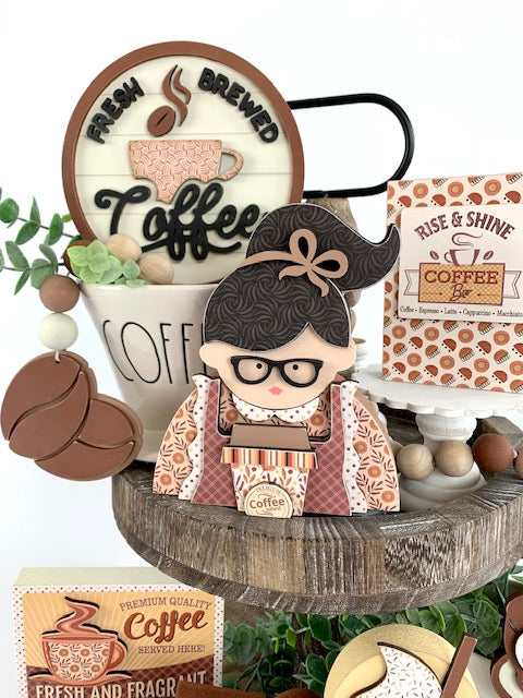 Coffee barista wood decoration for wood tray or tiered tray decorations. Freshed brewed coffee sign shown on a coffee themed tiered tray