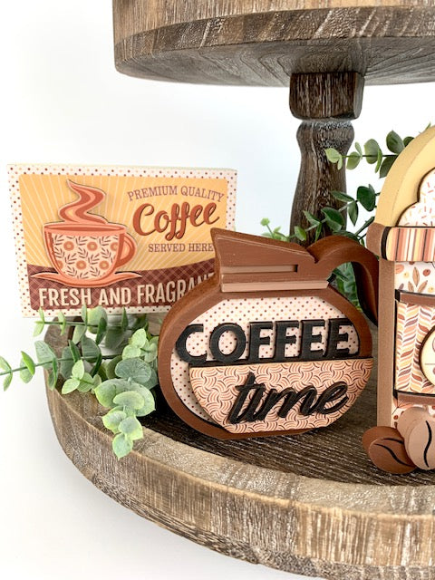 Coffee pot wood decoration with coffee time title. Coffee themed wood craft kit for decorating trays, coffee bars, and tiered trays.