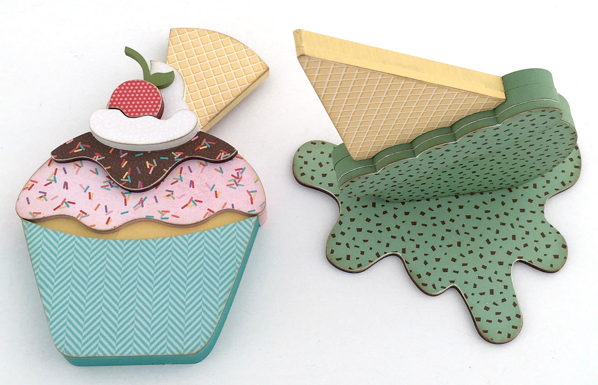 Melted ice cream cone and cupcake for styling birthday and ice cream themed tiered trays. Ice cream cone and cupcake wood decor. Handmade wood decor crafts. Cupcake with a cherry on top. Mint chip flavored ice cream cone. Birthday decorations. Ice cream themed decorations. 