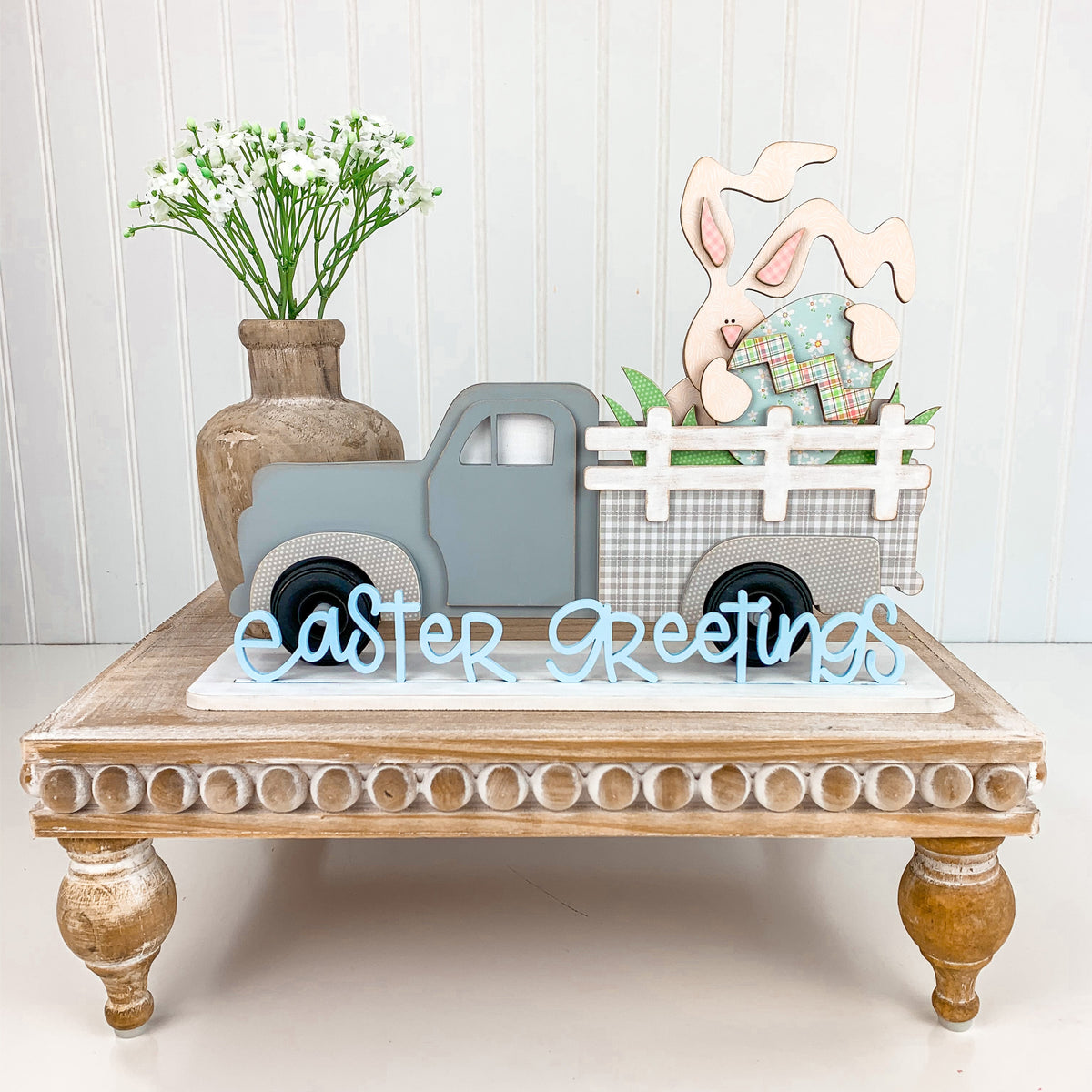 Wood truck with bunny and egg in the back of the truck, easter wood decor, Easter home decor crafts, Handmade home decor.