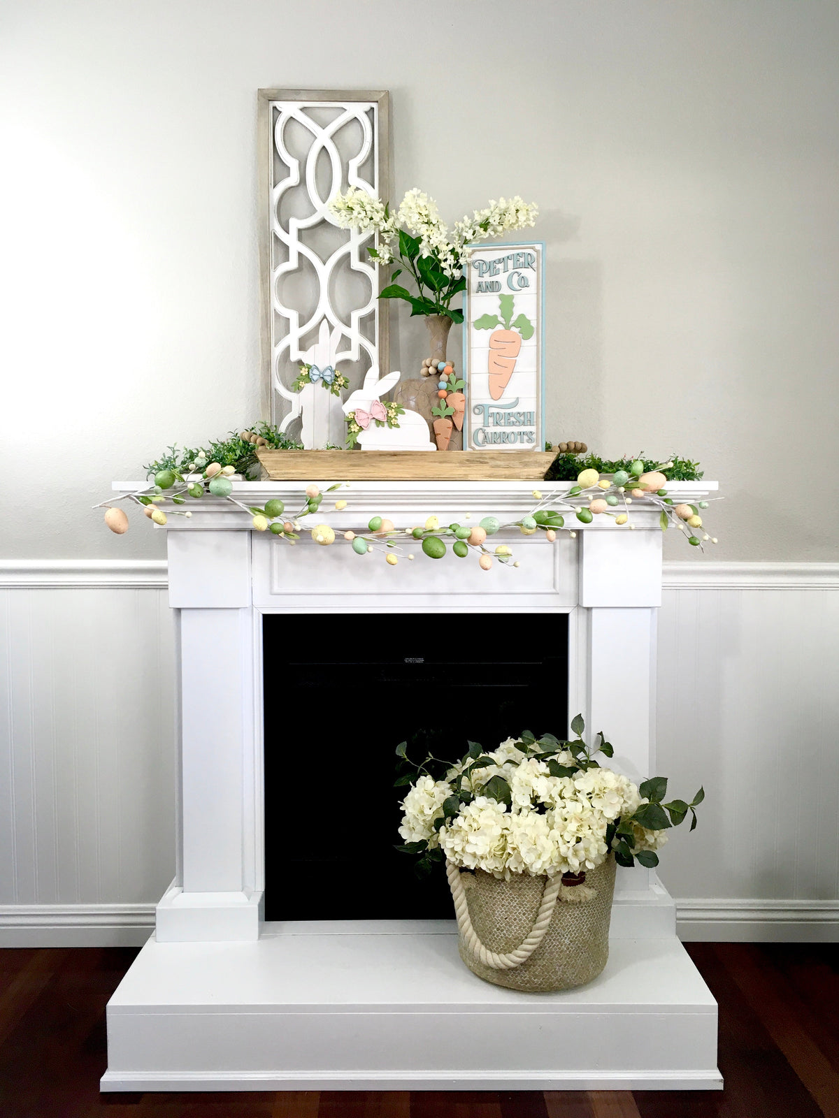 Easter fireplace styling.  Easter decorated mantle. Carrot Easter shiplap sign decoation for home decorating. Easter wood decorations. Easter sign for mantle, fireplace, countertop or shelf.