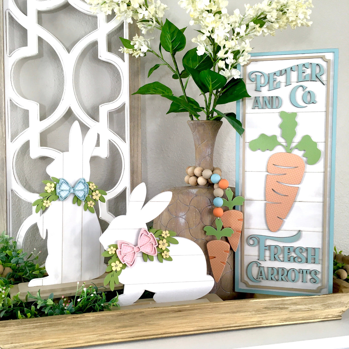 Easter fireplace styling.  Easter decorated mantle. Carrot Easter shiplap sign decoation for home decorating. Easter wood decorations. Easter sign for mantle, fireplace, countertop or shelf.