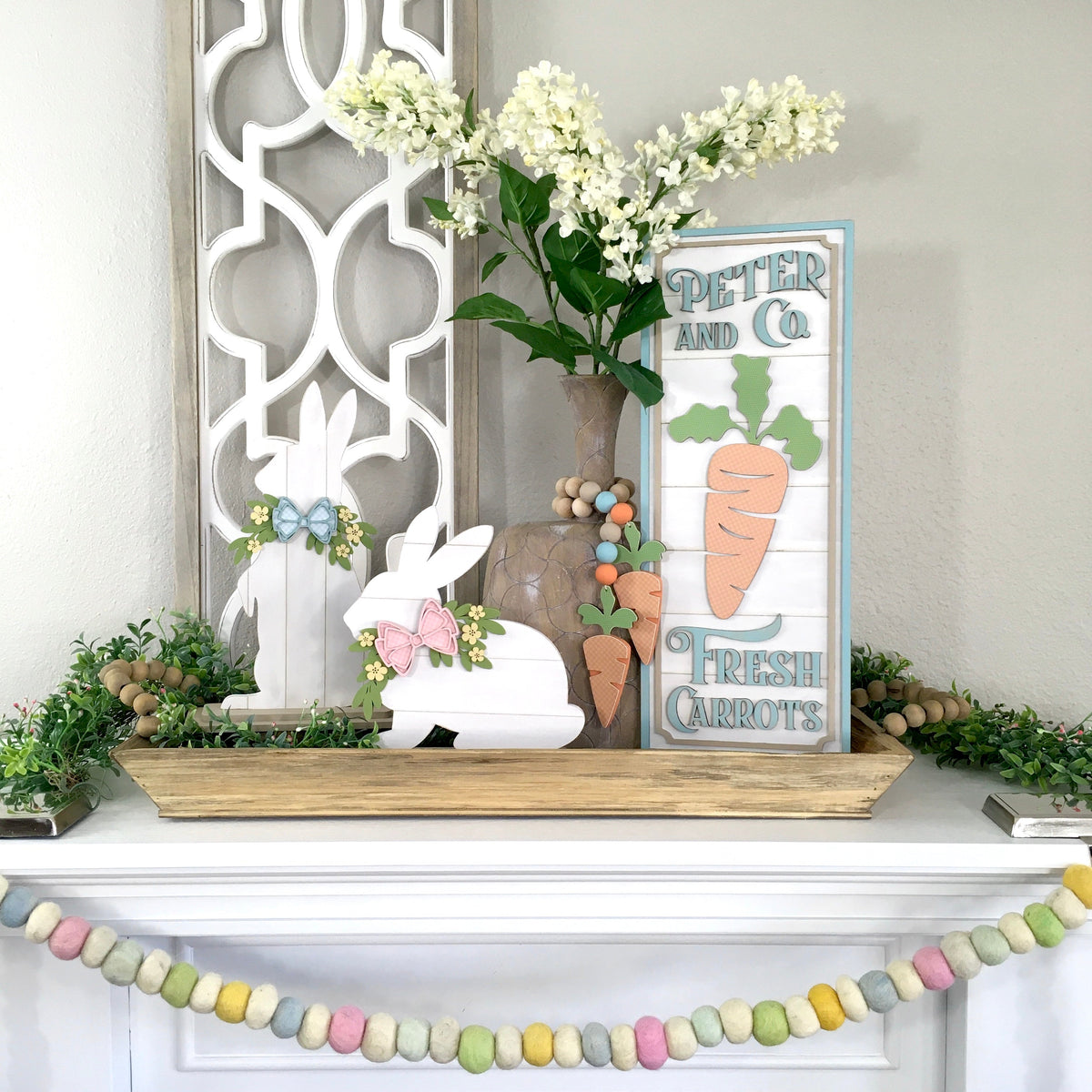 Easter fireplace styling.  Easter decorated mantle. Carrot Easter shiplap sign decoation for home decorating. Easter wood decorations. Easter sign for mantle, fireplace, countertop or shelf.