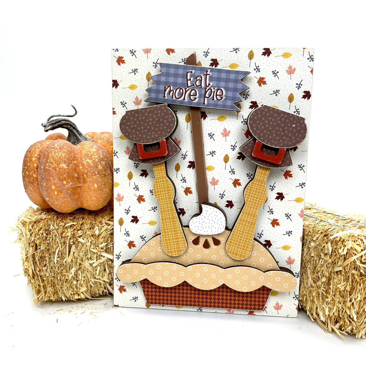 Turkey with legs coming out of a pie and a sign that says eat more pie wood decoration 