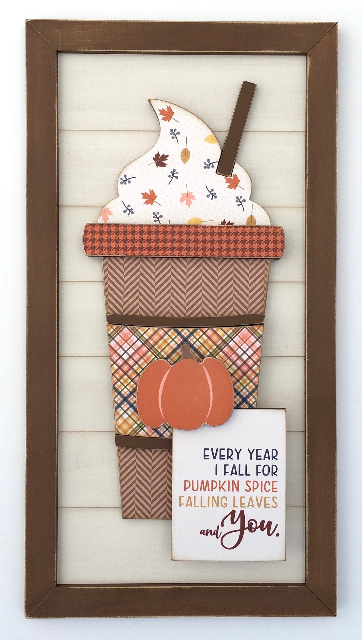 Wood shiplap sign with pumpkin and fall latte cup, wood sign for fall and thanksgiving tiered tray decor, fall and thanksgiving home decor.