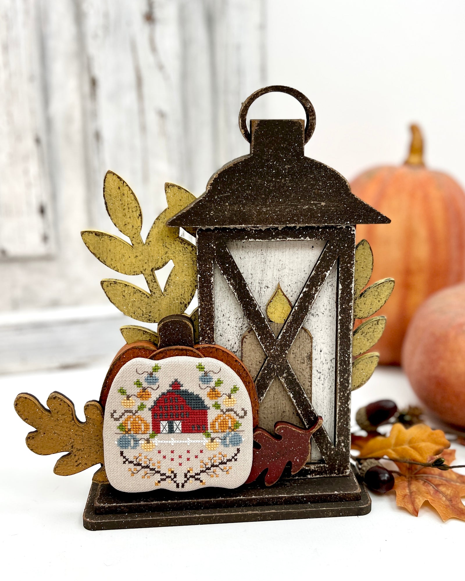 Primitive Fall Lantern Cross Stitch Display