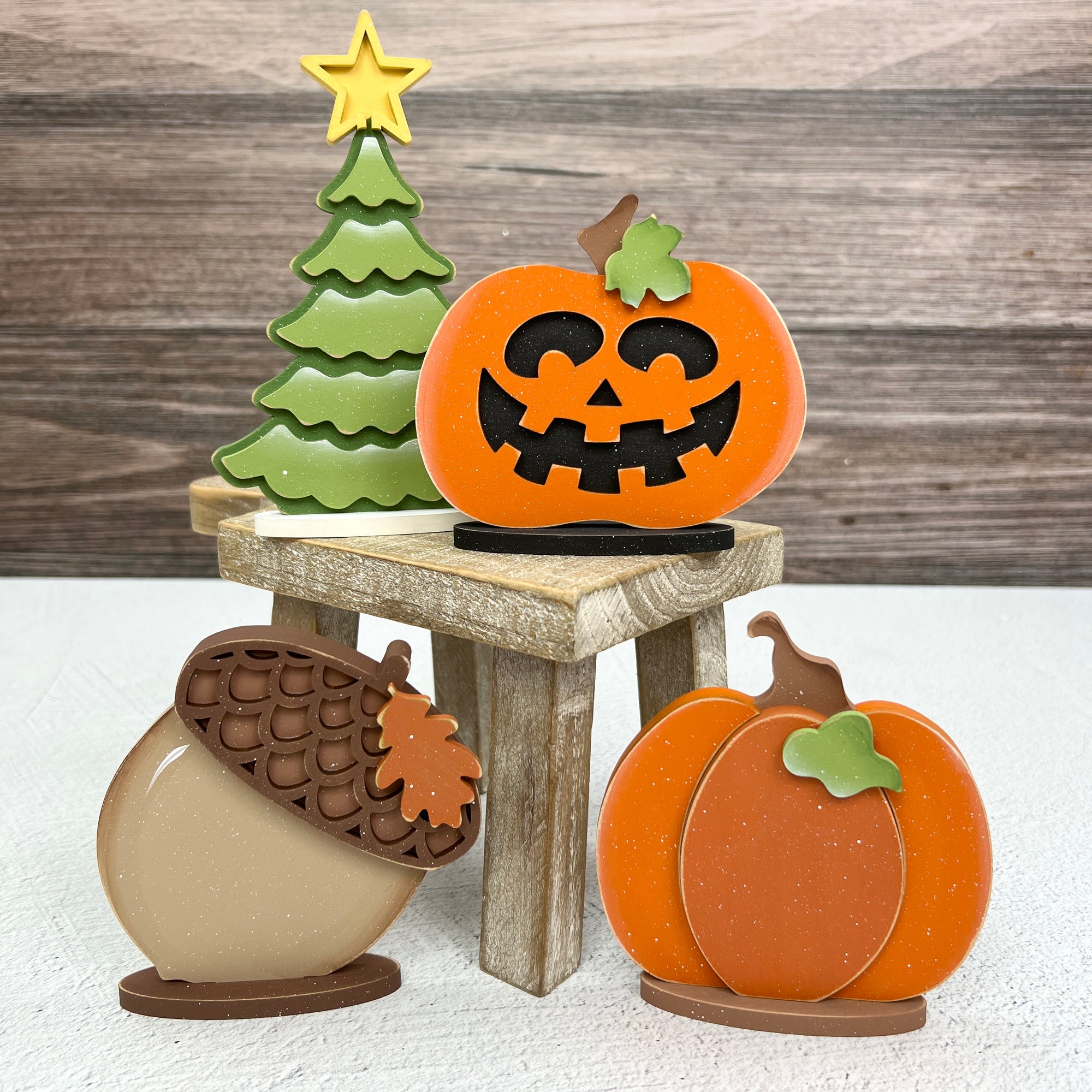 Fall and Christmas wood decor shapes for tiered trays, shelves, and mantels