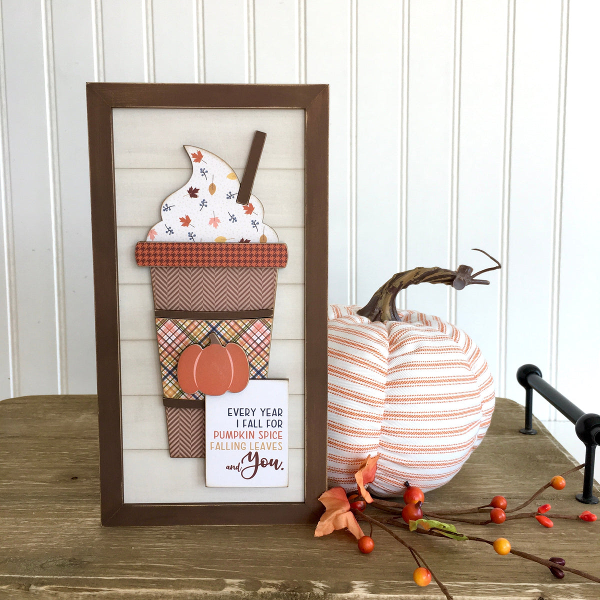 Wood shiplap sign with pumpkin and fall latte cup, wood sign for fall and thanksgiving tiered tray decor, fall and thanksgiving home decor.  DIY Wood crafts 