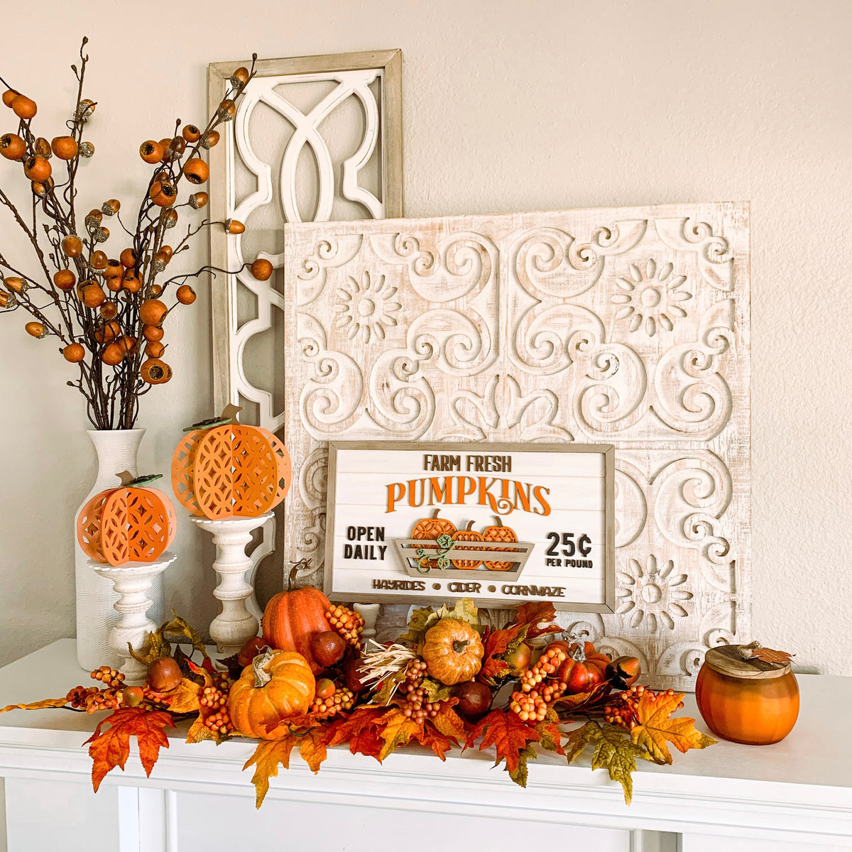 Fresh Pumkins wood shiplap sign decoration for a mantel, countertop, or shelf. Sign with pumpkins in a basket. Farm fresh pumpkins wood sign for fall decorating.