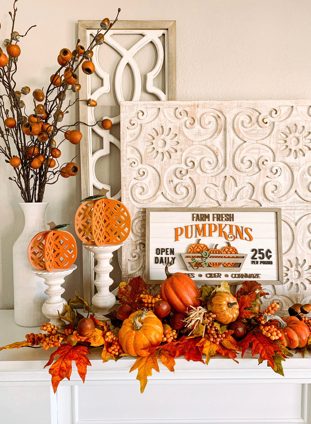 Fresh Pumkins wood shiplap sign decoration for a mantel, countertop, or shelf. Sign with pumpkins in a basket. Farm fresh pumpkins wood sign for fall decorating.