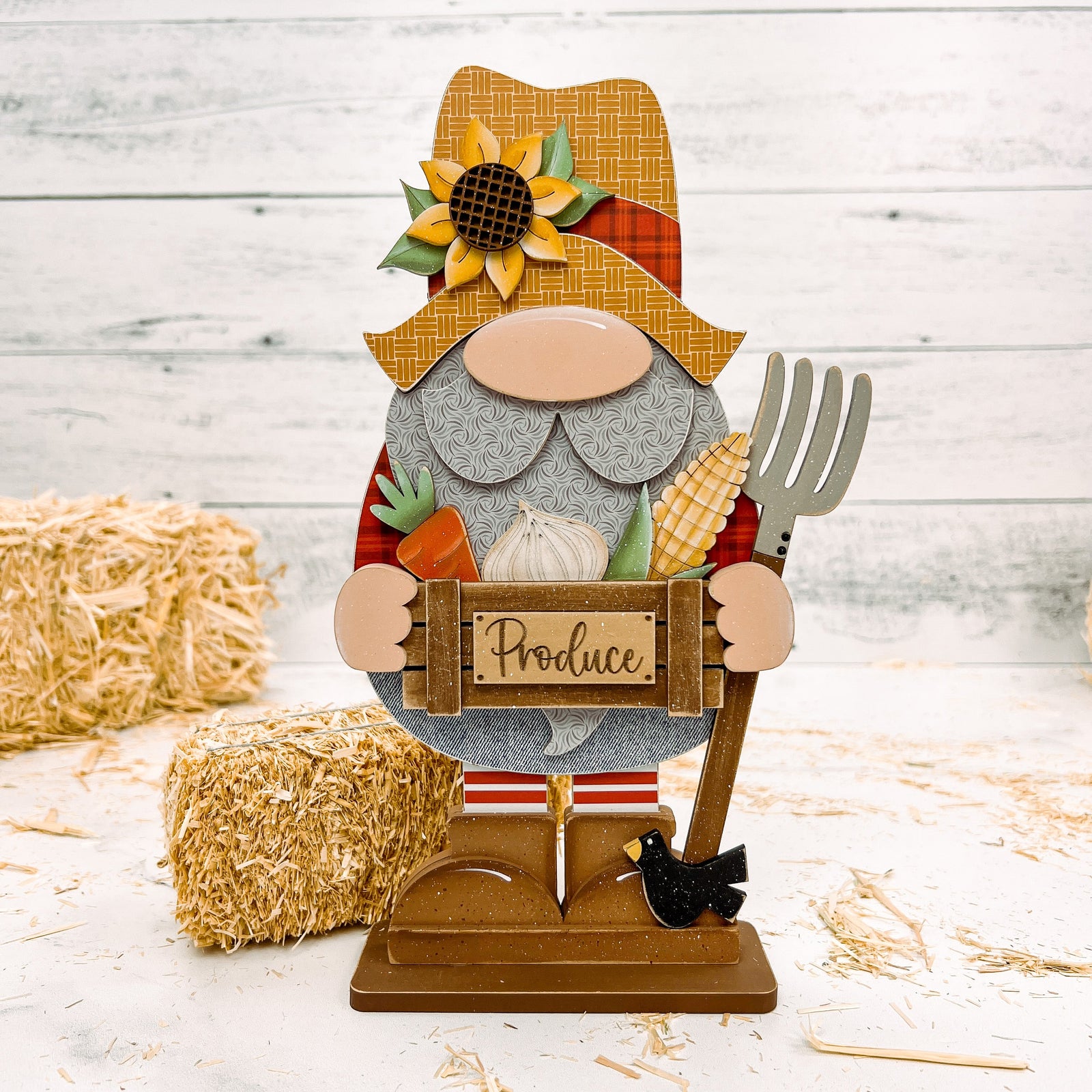 Farmer holding a crate of produce wood decor craft kit. 