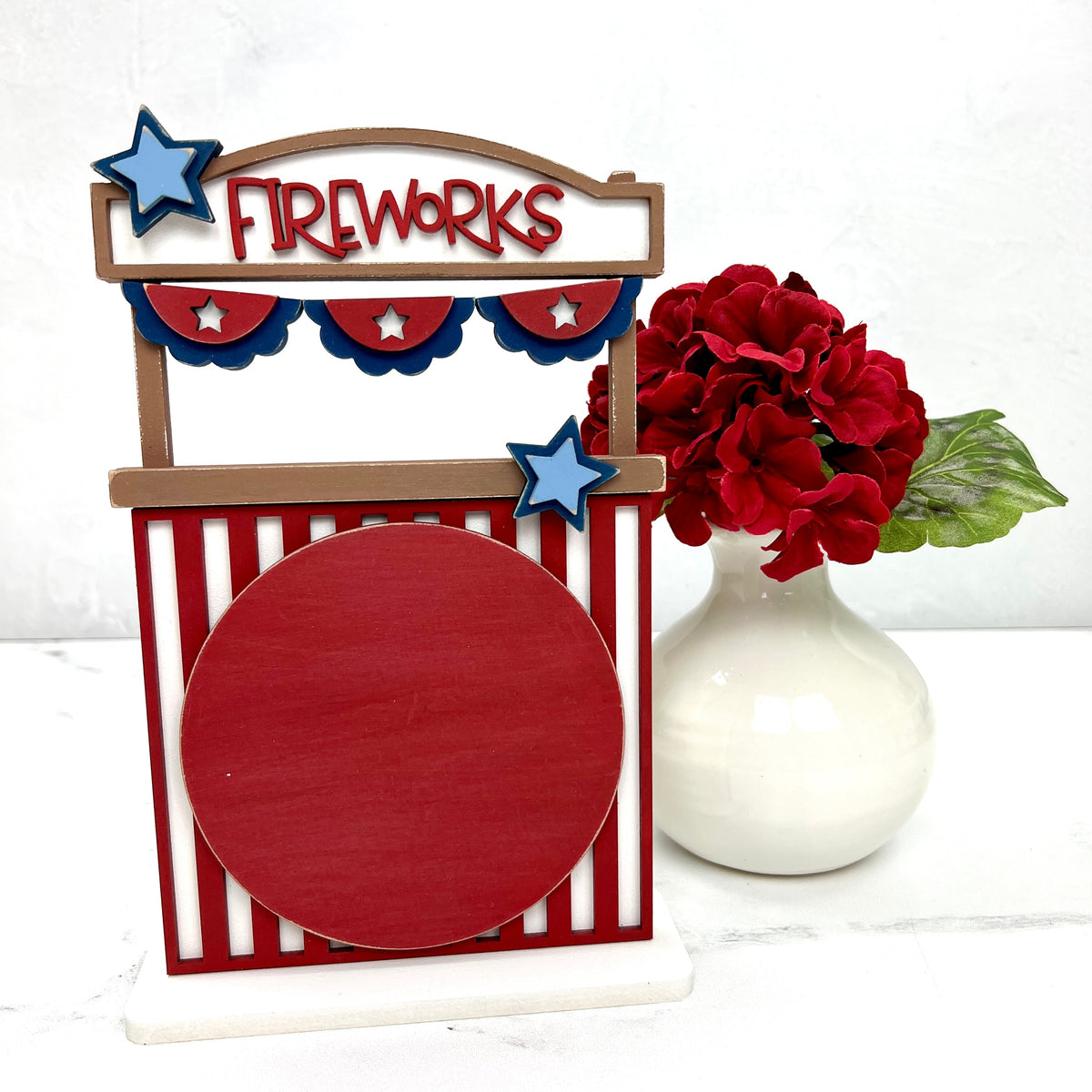 Patriotic fireworks stand wood decor cross stitch display