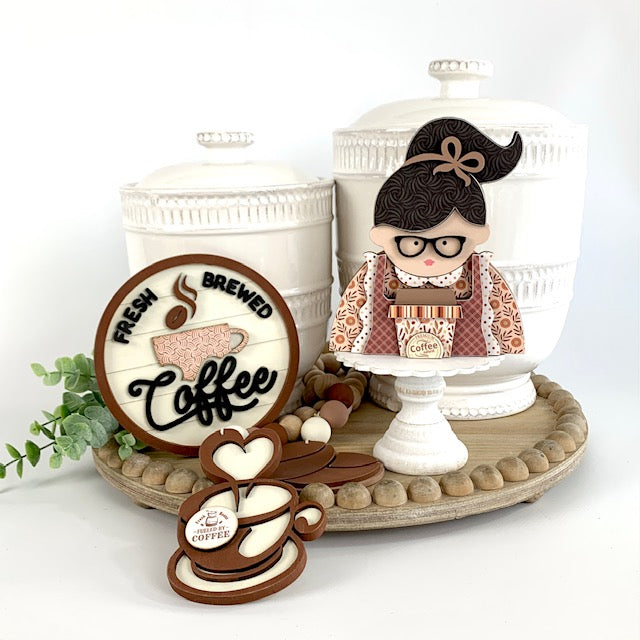 Coffee themed wood beaded garland with coffee beans and coffee cup. Two wood coffee signs for decorating trays, coffee bars, and coffee themed tiered trays. 