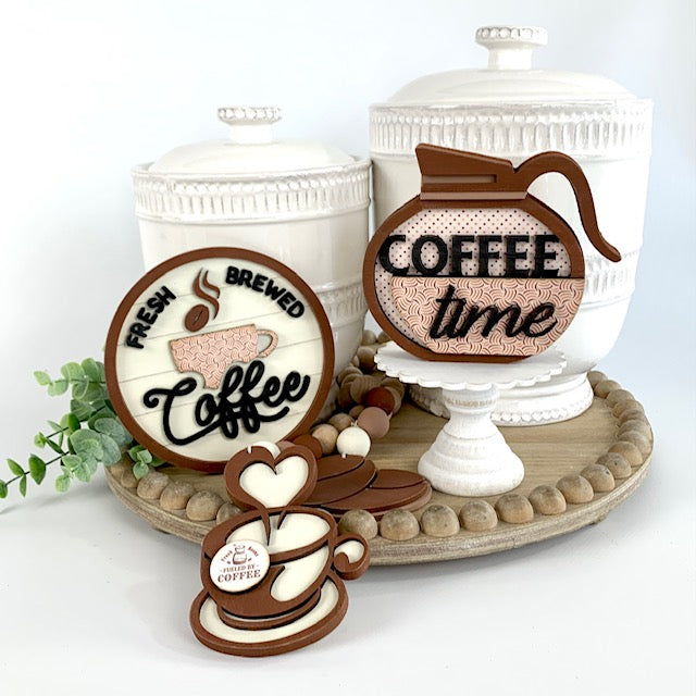 Fresh brewed coffee wood shiplap sign for tray and tiered tray decor. Coffee bar decor sign with latte cup and wood beaded garland. Coffee time coffee pot tiered tray decoration