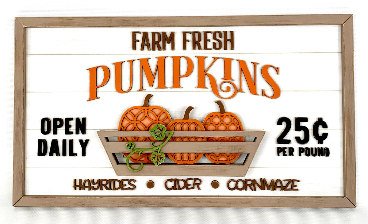 Fresh Pumkins wood shiplap sign decoration for a mantel, countertop, or shelf.  Sign with pumpkins in a basket.  Farm fresh pumpkins wood sign for fall decorating.