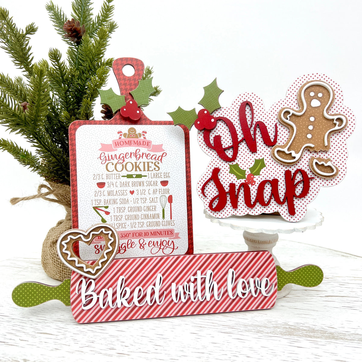 Gingerbread Christmas wood decor; recipe board, sign with the title Oh Snap, and baked with love rolling pin