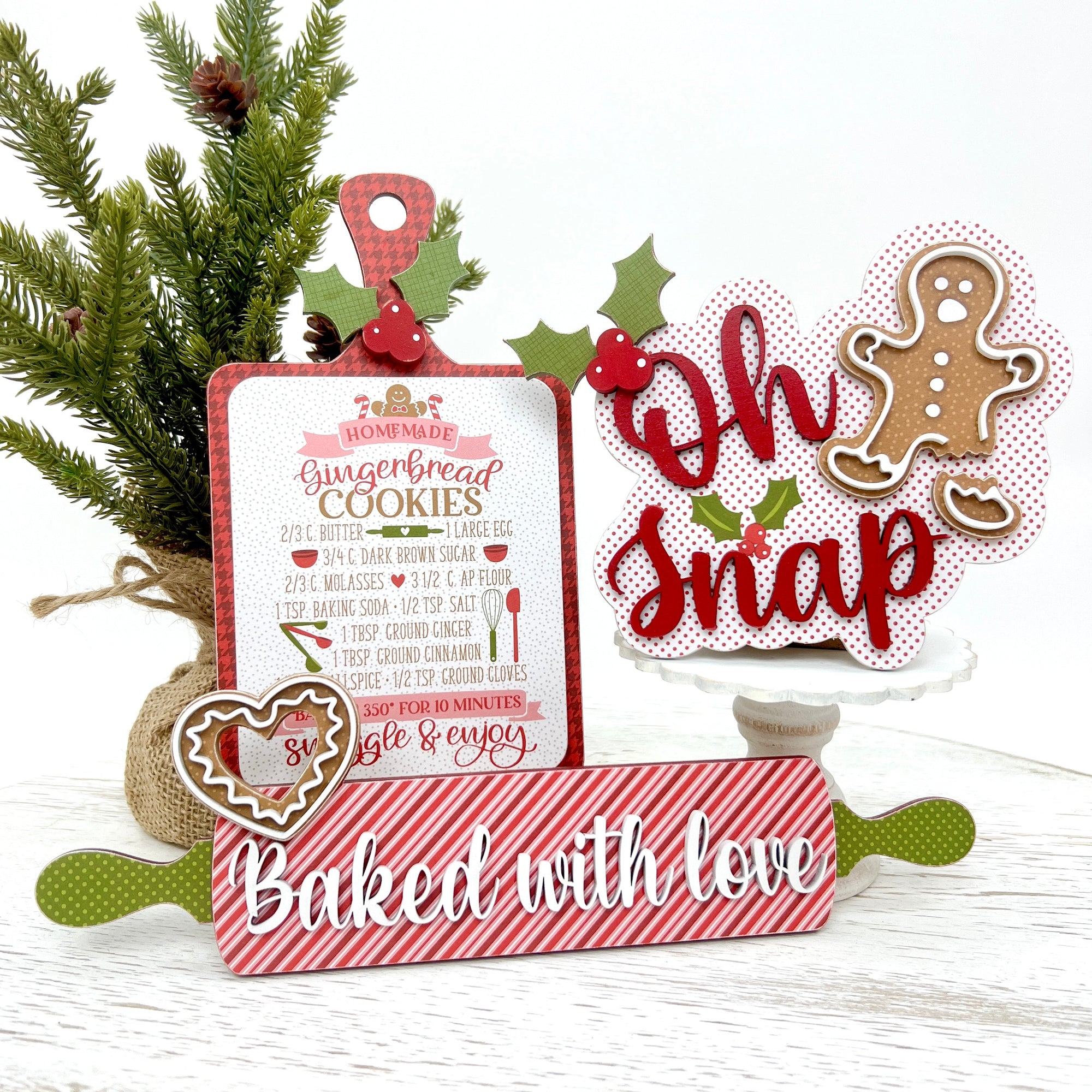 Gingerbread Christmas wood decor; recipe board, sign with the title Oh Snap, and baked with love rolling pin