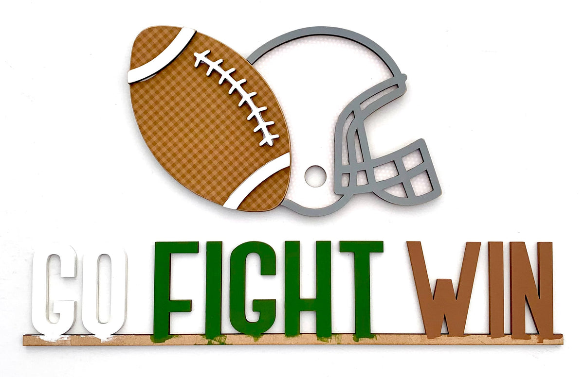 Interchangeable wood pick up truck that has inserts in the back to change our seasonally or monthly. Insert shown has a football themed insert with a football, helmet, and go fight win title. 