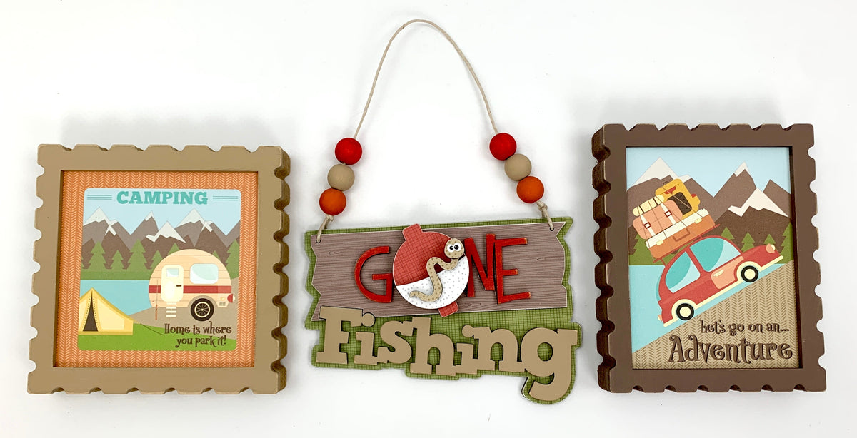 Outdoors, camping, and gone fishing signs wood decor craft kit