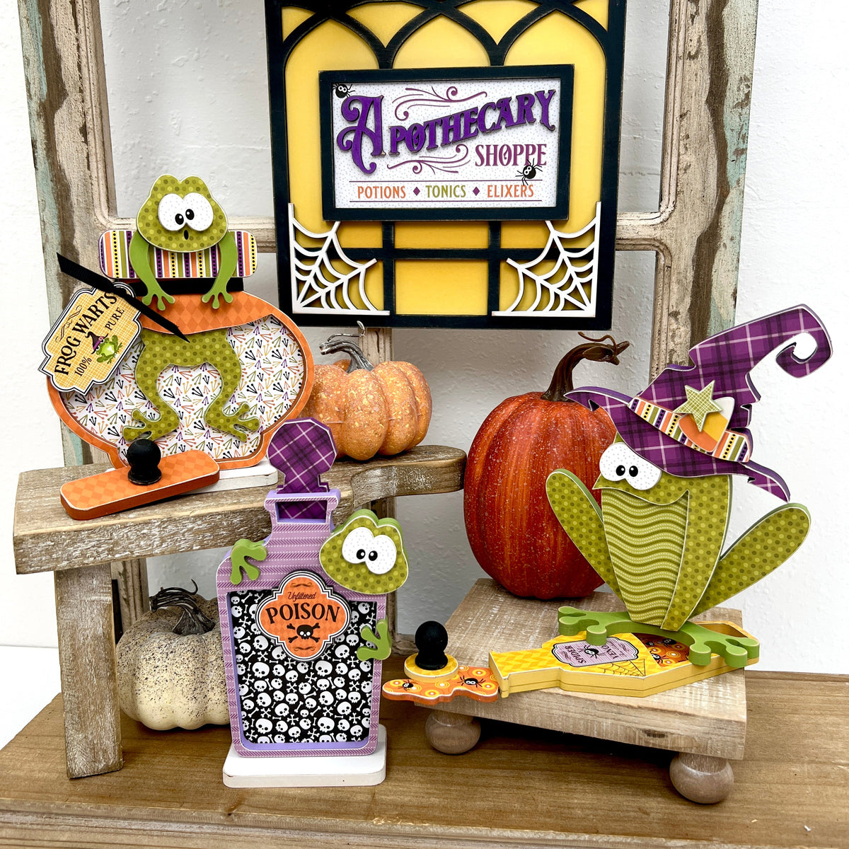Halloween toads with apothecary bottles wood decorations. Halloween toad wood craft kits.