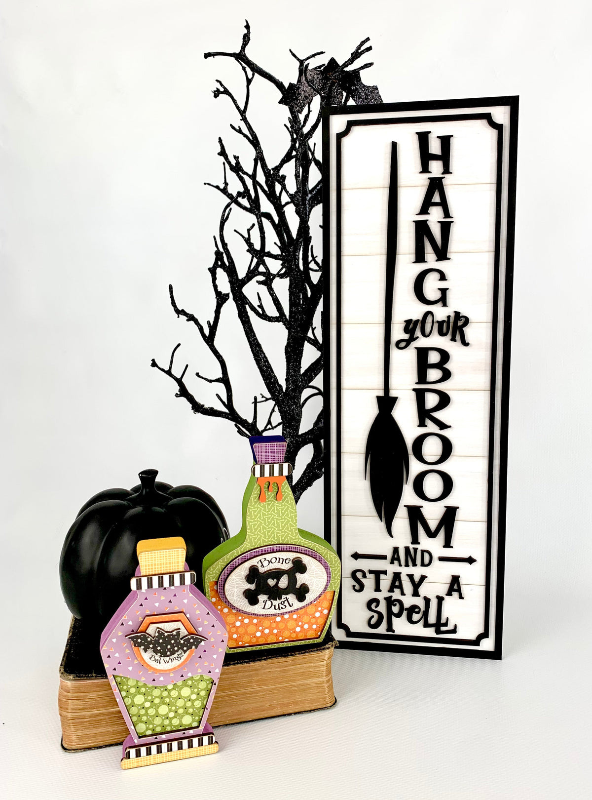 Black and white wood halloween dimensional shiplap sign with halloween potion bottles.  Halloween decoration wood craft kit.