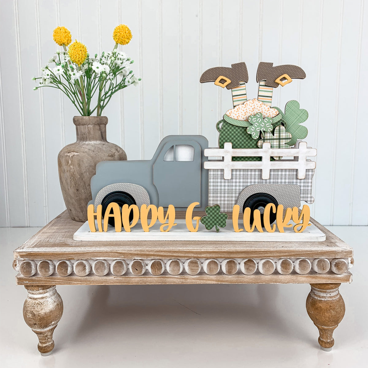 Wood vintage pick-up truck with leprechaun and pot of gold in the bed of the truck, St Patrick&#39;s wood home decor, handmade wood home decor craft projects, DIY vintage pick-up truck, Interchange pick -up truck