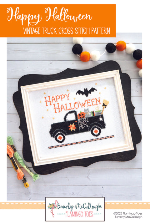 Happy Halloween vintage truck filled with a pumpkin, cat, cauldron and broom cross stitch pattern with a black bat and starry embellishment
