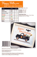 Halloween-themed product packaging with a truck design and &#39;Happy Halloween&#39; text and DMC floss color chart.