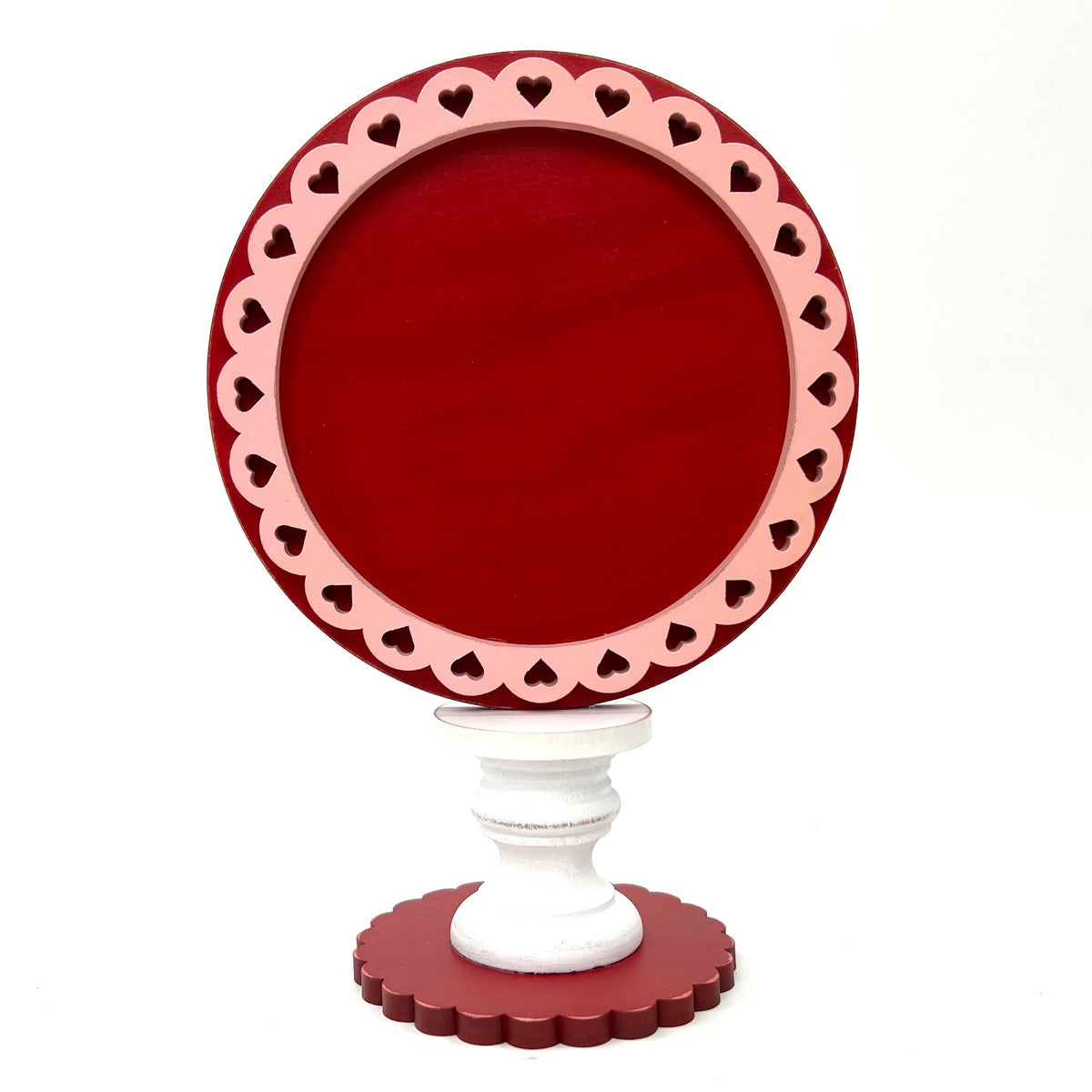Round pedestal frame with red and pink hearts for displaying finished cross stitch pieces