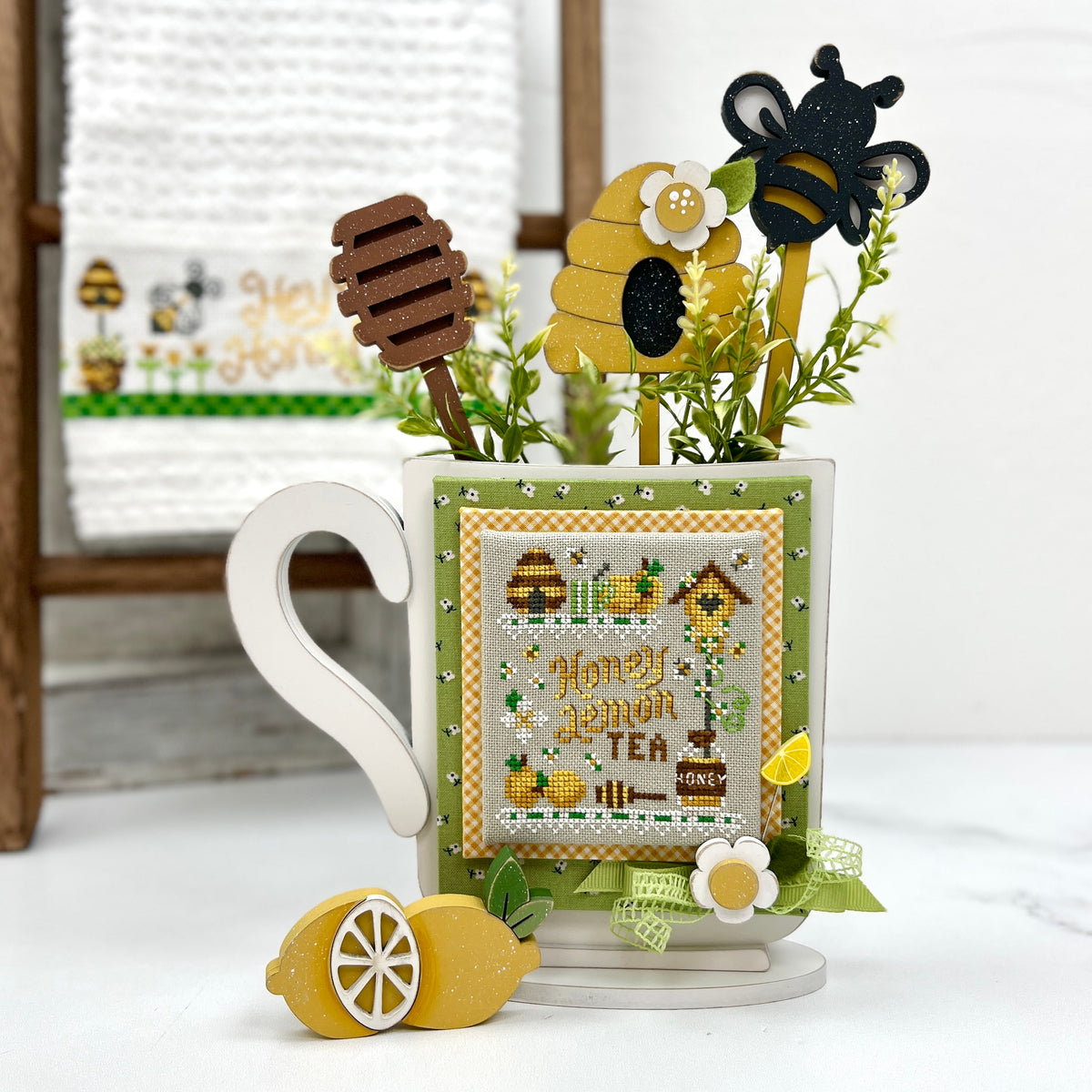Honeybee Mug Sticks – laser-cut wood bee, beehive, and honey dipper accents for cross stitch mug displays and seasonal tiered tray decor.
