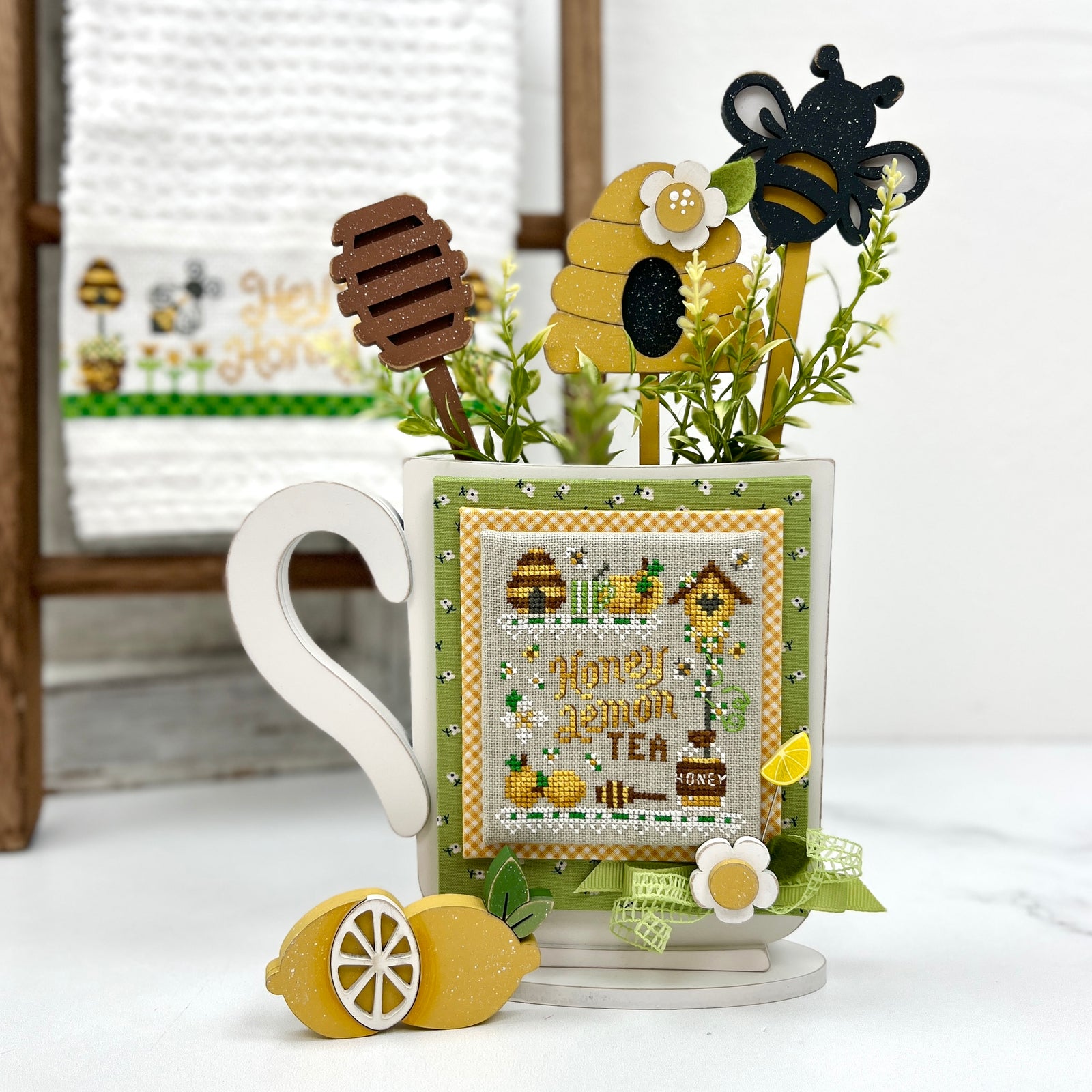 Honeybee Mug Sticks – laser-cut wood bee, beehive, and honey dipper accents for cross stitch mug displays and seasonal tiered tray decor.