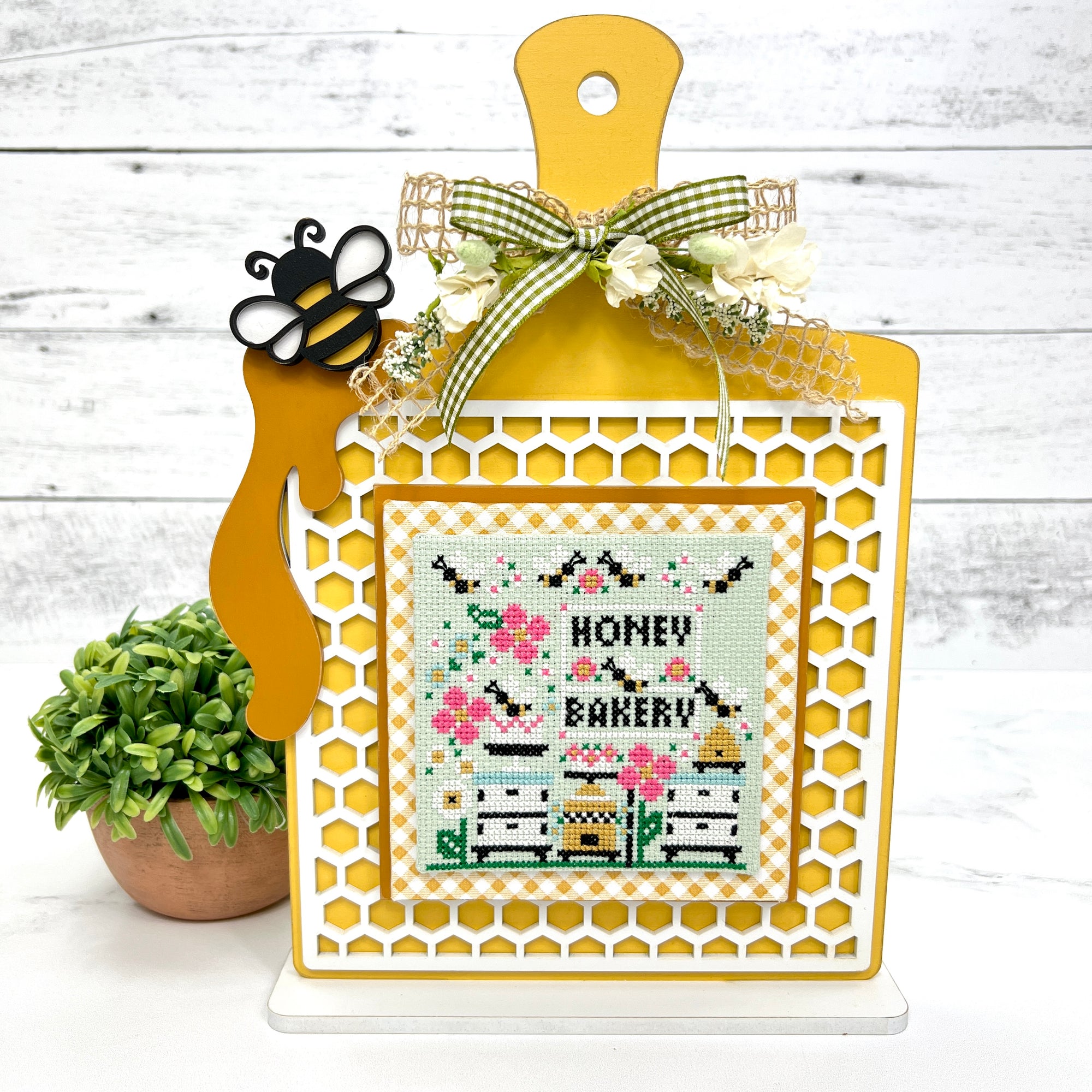 Recipe board with honeycomb front and bumble bee cross stitch display backing