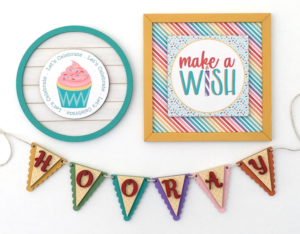 Birthday Hooray banner with birthday shiplap sign and make a wish sign. Birthday signs and banner for styling tiered trays, mantels, and shelves. Birthday party decor. Handmade birthday party ideas. Ice cream Tiered tray decor.