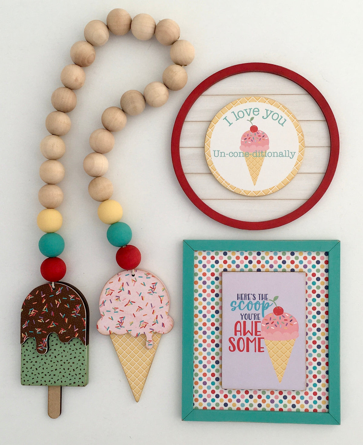 Ice Cream garland and ice cream signs for birthday and celebrate tiered tray decor.  Ice cream tiered tray decorations. Beaded hanging garland with ice cream cones. Handmade wood decor crafts. Handmade tiered tray decor. Seasonal decorations. 