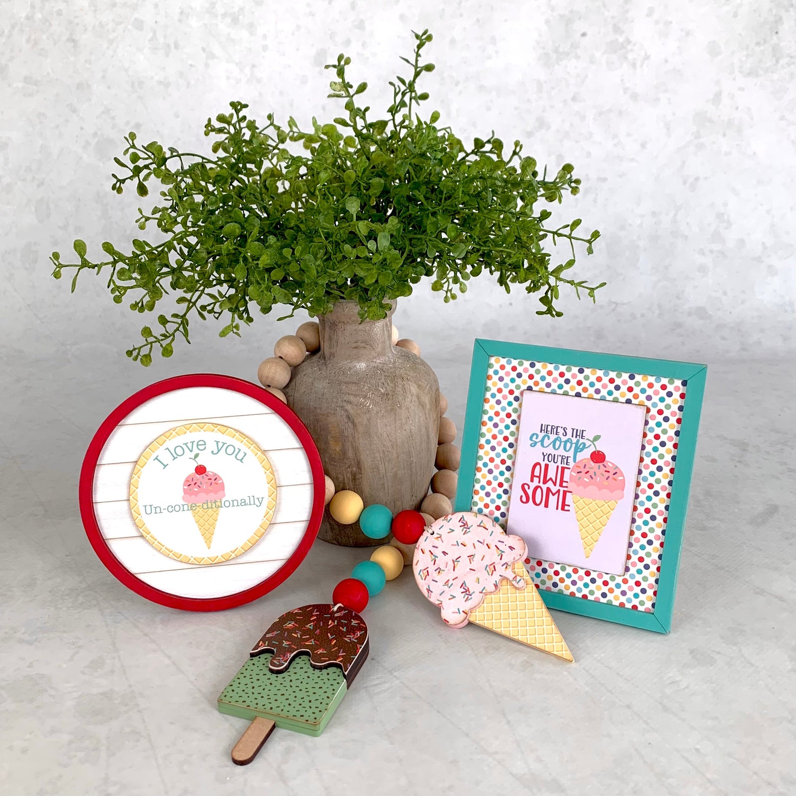 Ice Cream garland and ice cream signs for birthday and celebrate tiered tray decor.  Ice cream tiered tray decorations. Beaded hanging garland with ice cream cones. Handmade wood decor crafts. Handmade tiered tray decor. Seasonal decorations. 