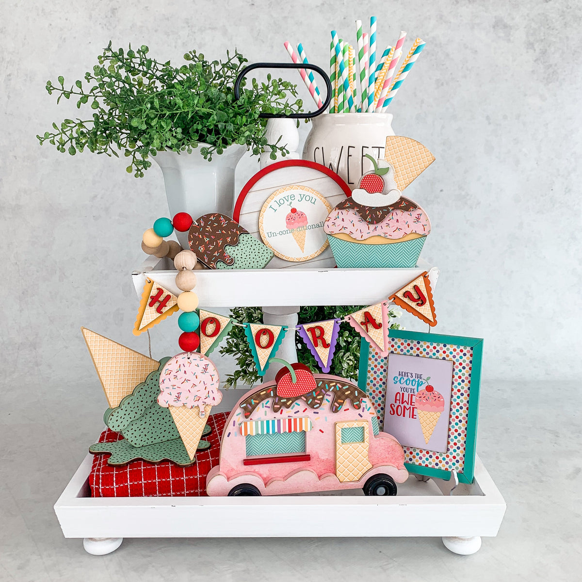 Melted ice cream cone and cupcake for styling birthday and ice cream themed tiered trays. Ice cream cone and cupcake wood decor. Handmade wood decor crafts. Cupcake with a cherry on top. Mint chip flavored ice cream cone. Birthday decorations. Ice cream themed decorations. 