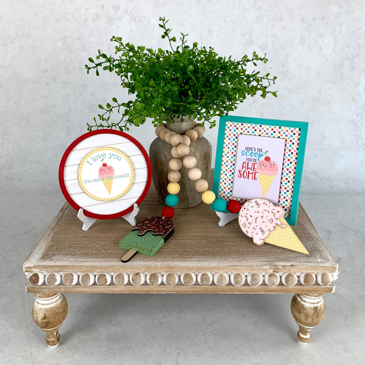 Ice Cream garland and ice cream signs for birthday and celebrate tiered tray decor.  Ice cream tiered tray decorations. Beaded hanging garland with ice cream cones. Handmade wood decor crafts. Handmade tiered tray decor. Seasonal decorations. 