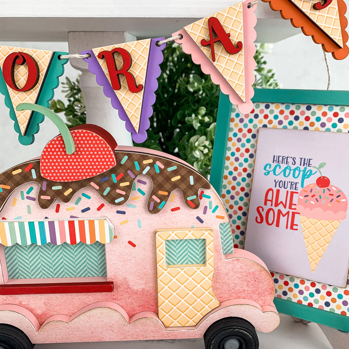 Ice Cream garland and ice cream signs for birthday and celebrate tiered tray decor.  Ice cream tiered tray decorations. Beaded hanging garland with ice cream cones. Handmade wood decor crafts. Handmade tiered tray decor. Seasonal decorations. 