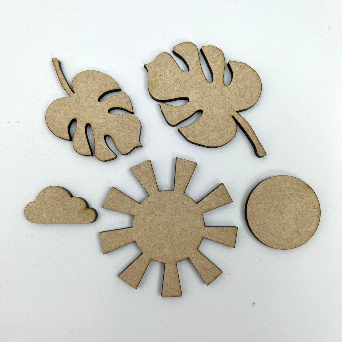 Unfinished Wood Cross Stitch Shapes-Tropical Leaves and Sun seasonal wood decor