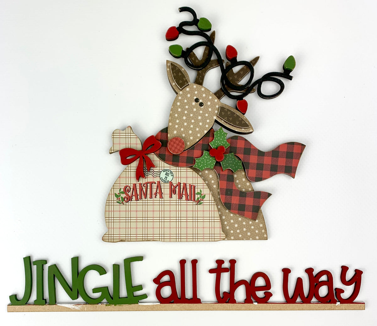 Christmas reindeer interchangeable pick up truck insert.  Changing seasonal wood decor Christmas reindeer wood craft kit. Reindeer holding santa mail sack with Christmas lights wrapped around his antlers.