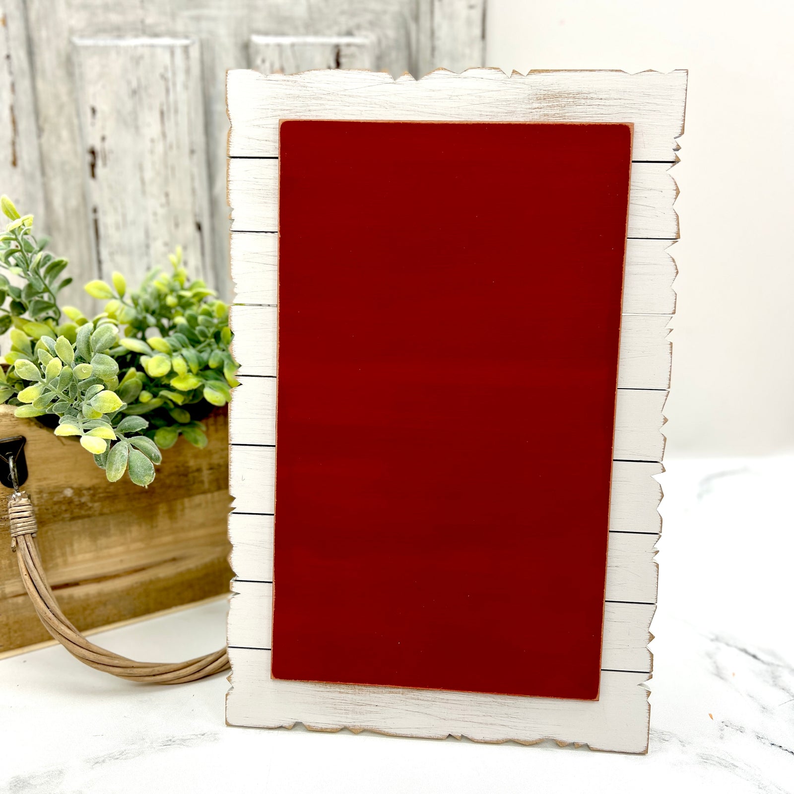 Unfinished Jagged Edge wood cross stitch display with rustic white shiplap-style frame and easel back for tabletop display.